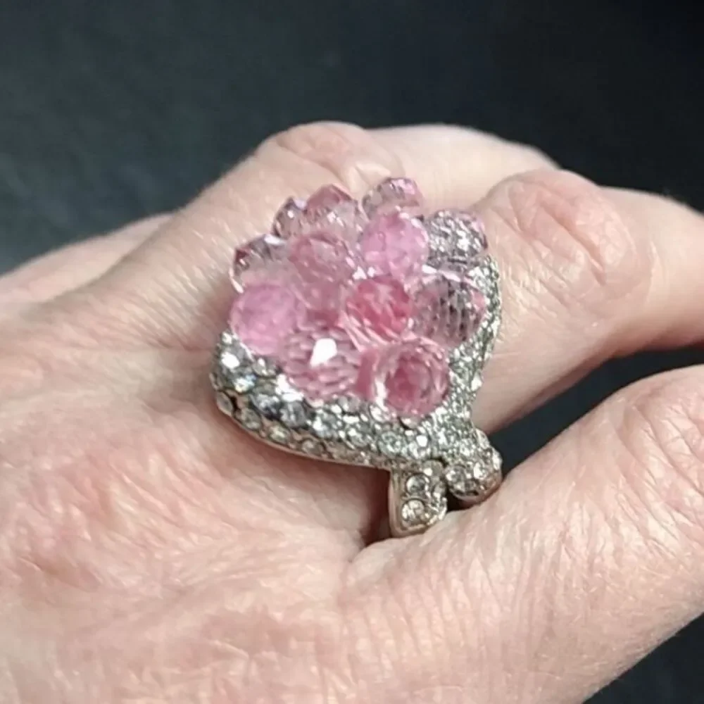 Silver tone pink crystal cluster ring size 10